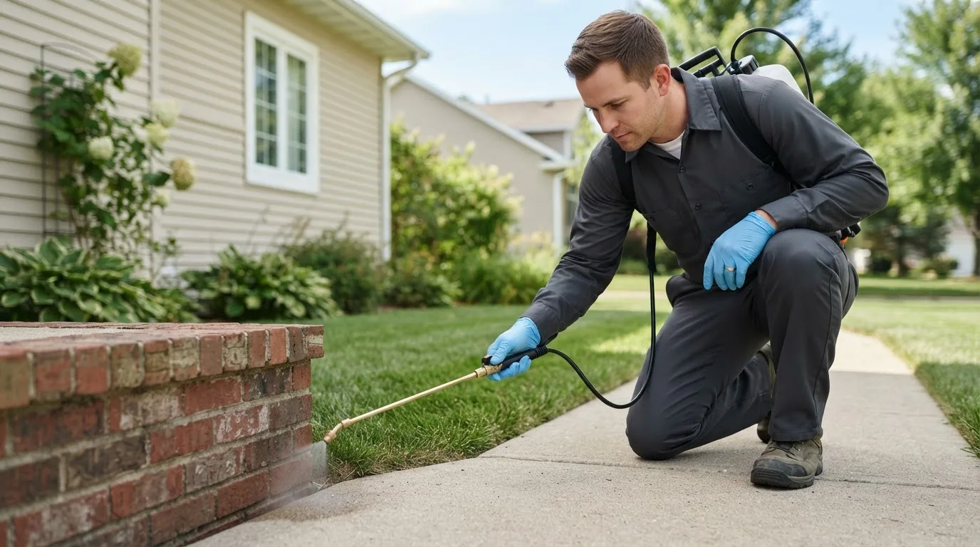 Pest control technician treating a home near Wayland, MI